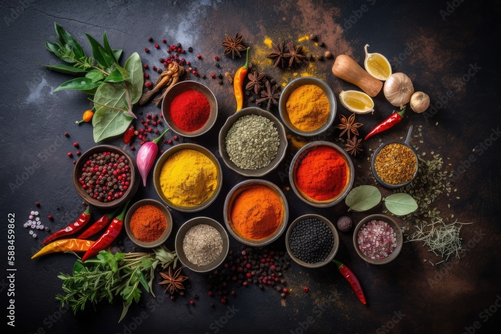 Colourful Various Herbs and Spices for Cooking on Dark Background Generative AI Colourful Various Herbs and Spices for Cooking on Dark Background Generative AI
