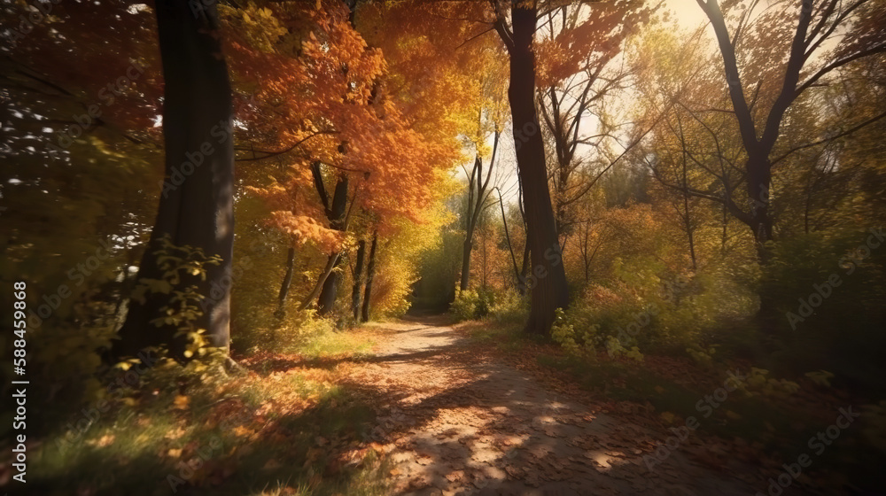 autumn, a beautiful landscape of a path between colorful trees on a sunny day.