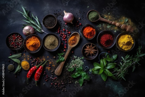 Colourful Various Herbs and Spices for Cooking on Dark Background Generative AI © FryArt Studio