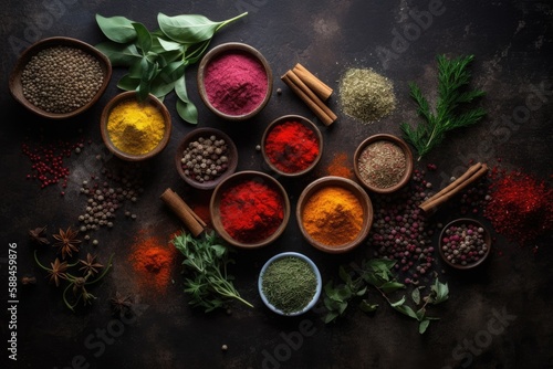 Colourful Various Herbs and Spices for Cooking on Dark Background Generative AI