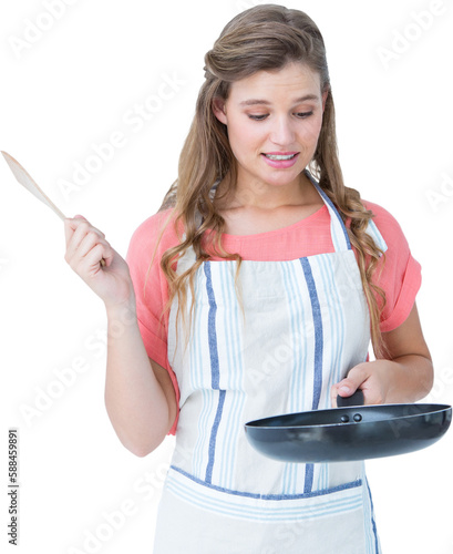 Hipster woman holding frying pan 
