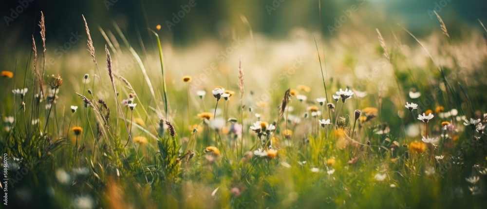 Nature background with wild flowers in green grass Generative AI