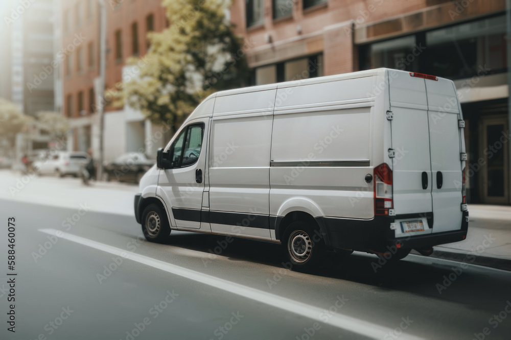 white cargo delivery van in city streets. generative AI