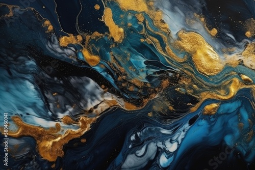  Spectacular image of dark blue and white liquid ink churning together, with a realistic texture and great quality for abstract concept. Generative AI
