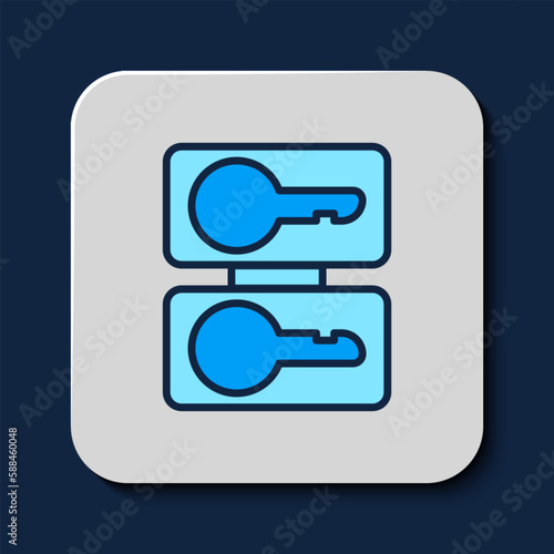 Filled outline Metal mold plates for casting keys icon isolated on blue background. Set for mass production and forgery of the keys. Vector