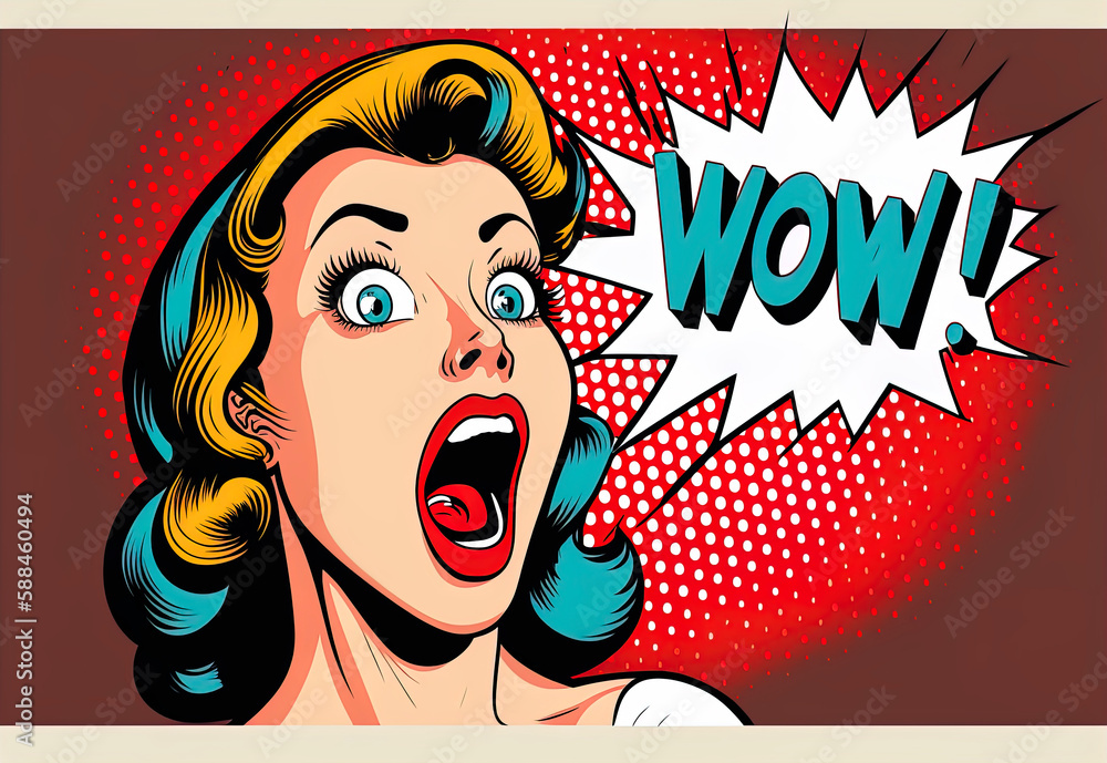 Wow effect, pop art woman with wow face. Retro pop art style surprised and excited comics woman with open mouth, surprised woman on Pop art background, generative ai