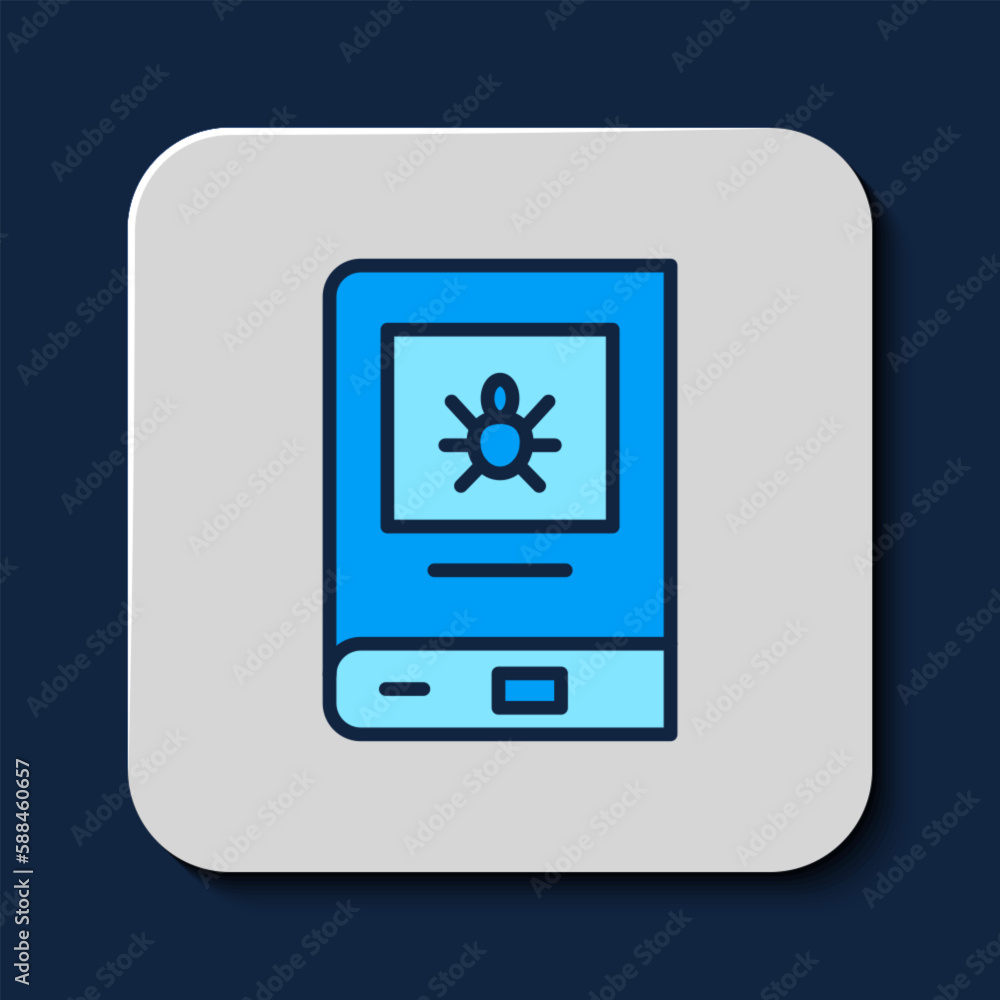 Filled outline Book about insect icon isolated on blue background. Vector Filled outline Book about insect icon isolated on blue background. Vector
