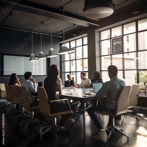 group of colleagues in formal clothing discussing business ideas while gathering in a meeting at table in modern office and working together. AI generated content
