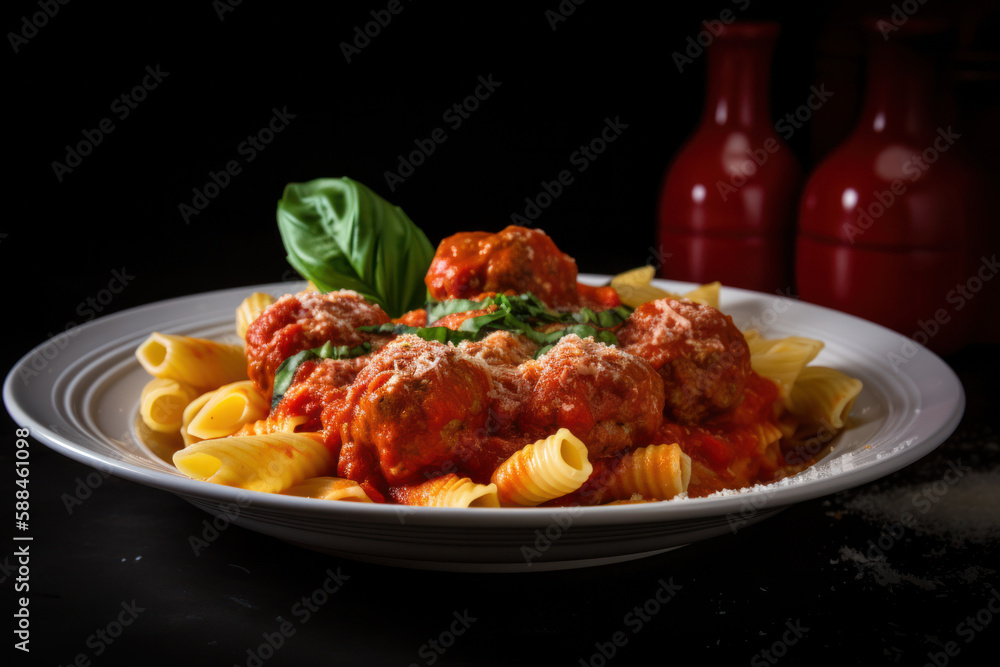 Mouthwatering Italian Pasta & Meatballs: Glistening Tomato Sauce, Fresh Basil, Grated Parmesan, Food Product Photography, Vibrant Colors - Generative AI