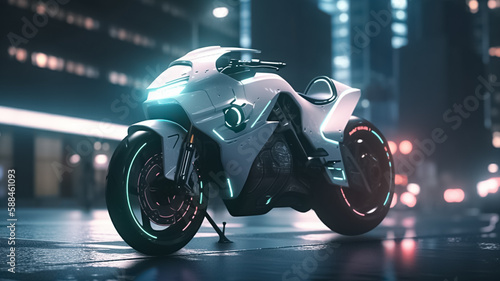 Futuristic sport bike, motorbike in a modern city at night. generative ai