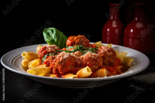 Mouthwatering Italian Pasta & Meatballs: Glistening Tomato Sauce, Fresh Basil, Grated Parmesan, Food Product Photography, Vibrant Colors - Generative AI