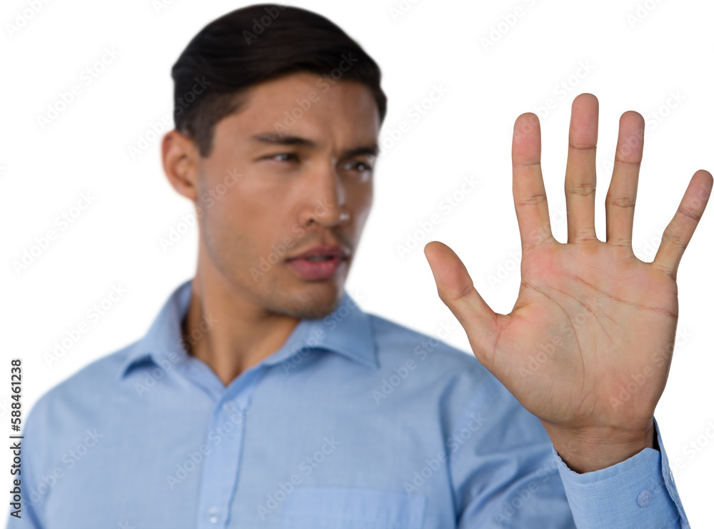 Close up of young businessman using invisible screen Close up of young businessman using invisible screen