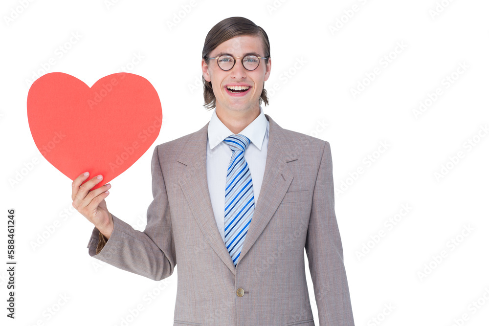 Geeky businessman smiling and holding heart card Geeky businessman smiling and holding heart card