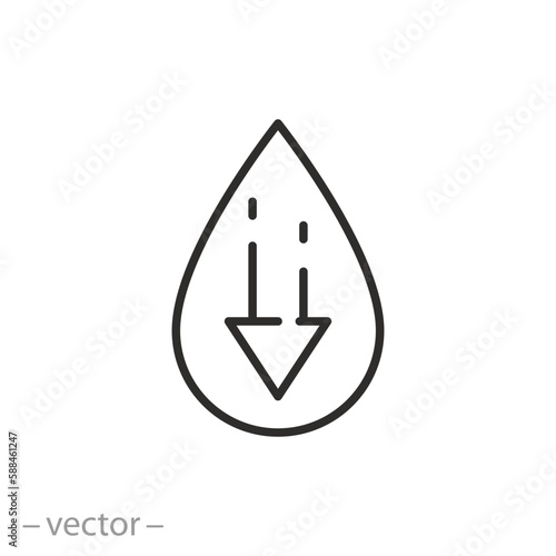cholesterol low level icon, drop blood with arrow down, linear symbol on white background - editable stroke vector illustration eps10