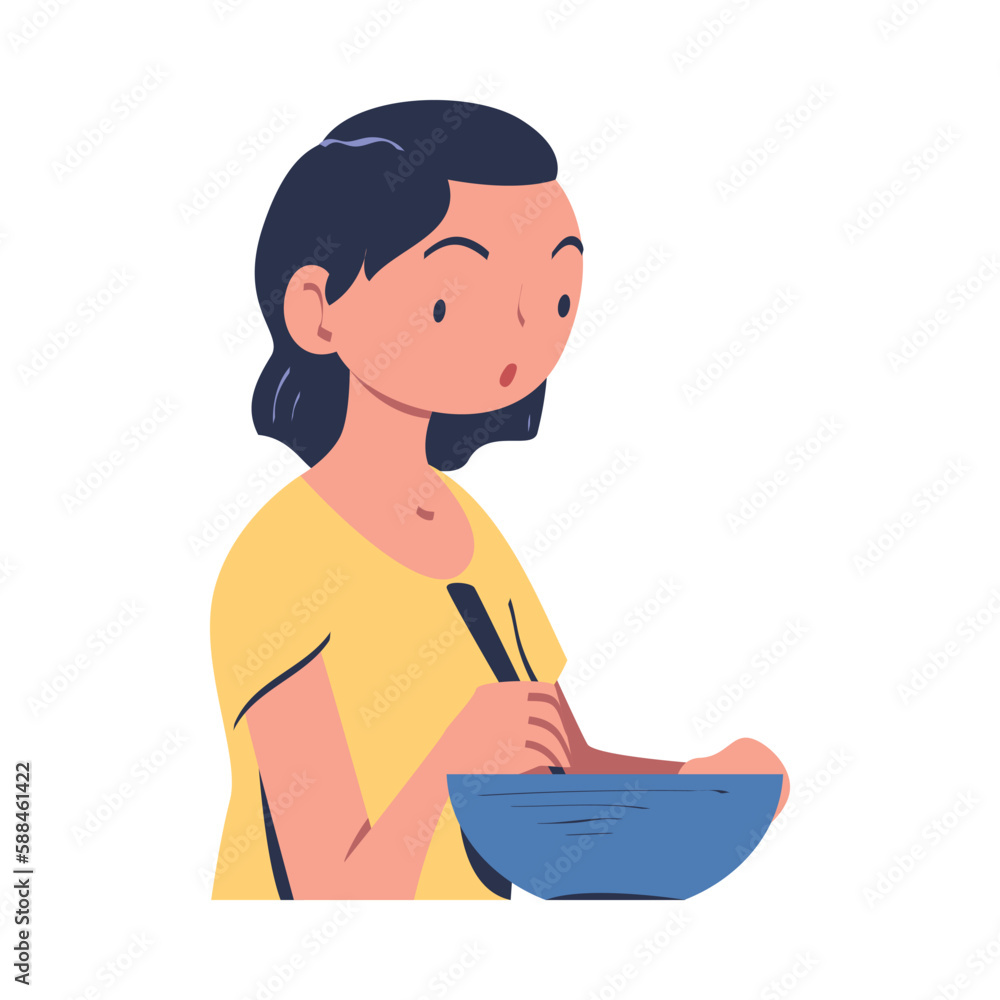 Woman Character Cooking at Home Mixing Salad in Bowl Standing at Table Vector Illustration Woman Character Cooking at Home Mixing Salad in Bowl Standing at Table Vector Illustration