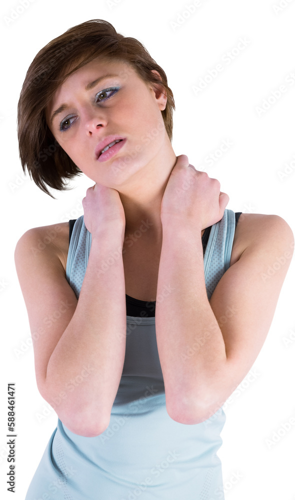 Pretty brunette with neck injury looking at camera Pretty brunette with neck injury looking at camera