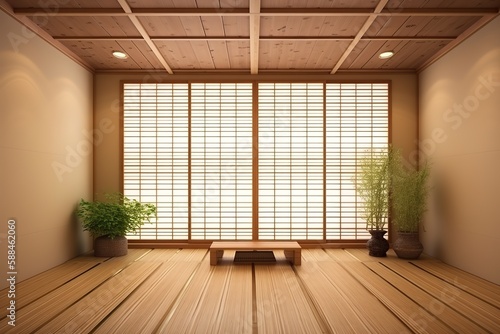 Serene and inviting Japan-inspired room with a wooden wall panel and a potted green plant to add a touch of nature to the space, Generative AI