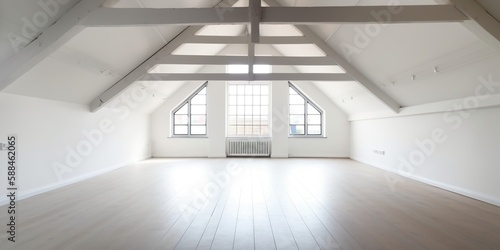 A bright and airy white loft room with ample space and no furnishings, Generative AI