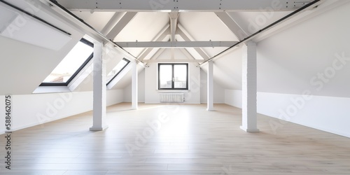 A large, open and bright loft room with a clean, white interior and no furniture, Generative AI