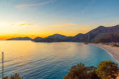 Sunset view of Oludeniz beach in Mugla region  Turkey. Summer holiday travel destination