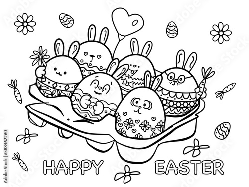 easter  vector greeting card with eggs black and white coloring page, funny eggs, flowers, carrots on white isolated background 