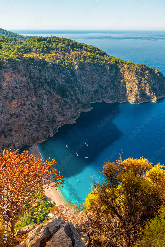 Fototapeta premium Aerial view of Butterfly Valley or Kelebekler Vadisi Beach near city Oludeniz or Fethiye, Mugla, Turkey