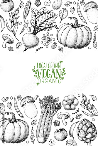 Vegan food frame. Hand drawn vector illustration. Menu design template. Vegan food sketch. Vintage design template. Product design. Great for packaging, recipe book, menu. Vegetarian food sketch.