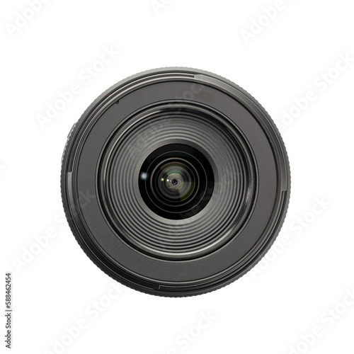 Front view of a modern photo camera lens isolated. Camera eye