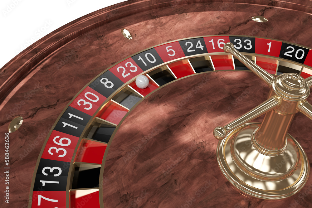 Close up of 3D wooden roulette wheel with ball Close up of 3D wooden roulette wheel with ball