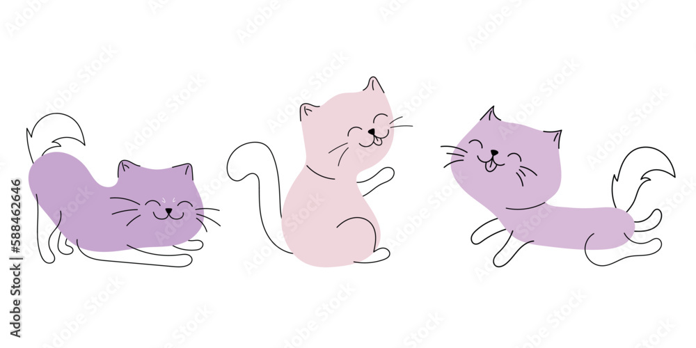 Cute and funny cats doodle vector set. Cartoon cat or kitten characters design collection with flat color in different poses. Set of purebred pet animals isolated on white background. Cute and funny cats doodle vector set. Cartoon cat or kitten characters design collection with flat color in different poses. Set of purebred pet animals isolated on white background.