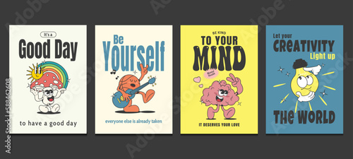 retro posters with positive quotes and retro cartoons in trendy style, vector illustration