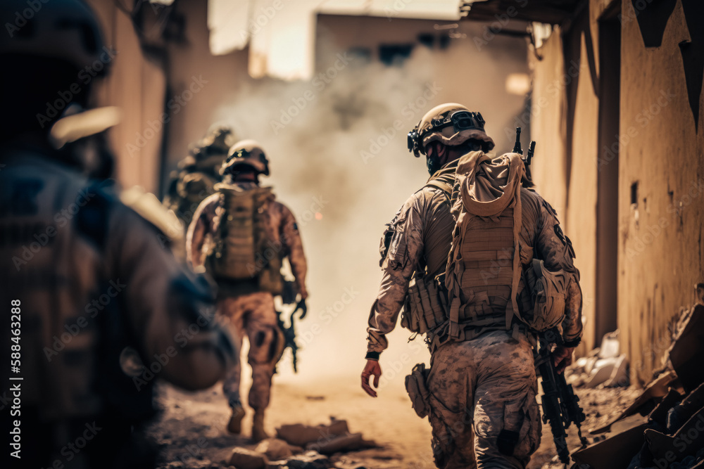 Obraz premium military special forces soldiers as they navigate a warzone that has been reduced to rubble. Generated AI