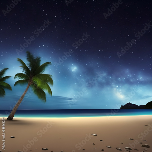 palm trees on the beach - Starry sky on the beach landscape - Calm beach background for design - landscape for design - Generative AI