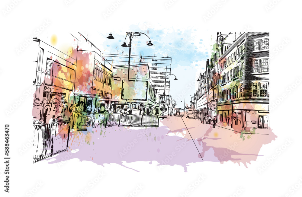 Building view with landmark of Reading is a city of England Watercolor splash with Hand drawn sketch illustration in vector.
