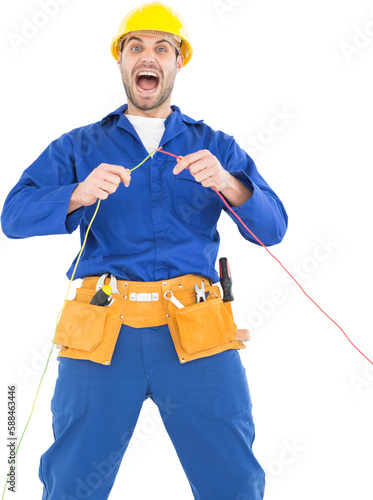 Repairman screaming while holding wires