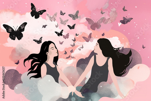 portrait of two girls in an abstract background  dreaming and flying with butterflies  generative ai illustration
