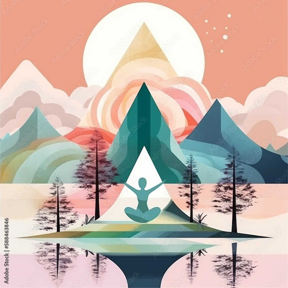surreal dreamy collage of jogy person in meditation and practising the yoga discipline in the nature, generative ai illustration surreal dreamy collage of jogy person in meditation and practising the yoga discipline in the nature, generative ai illustration