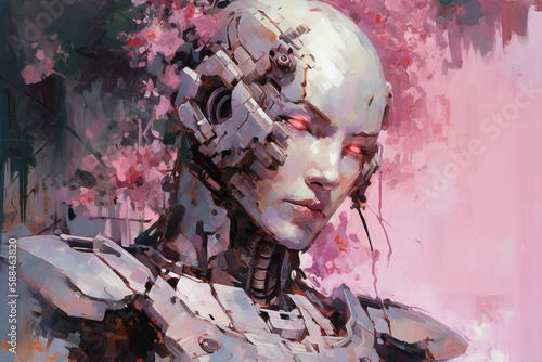 cyborg robot girl in romantic pink floral view, generative ai illustration, spring time