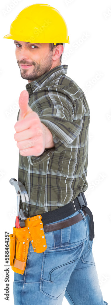 Confident manual worker gesturing thumb up Confident manual worker gesturing thumb up