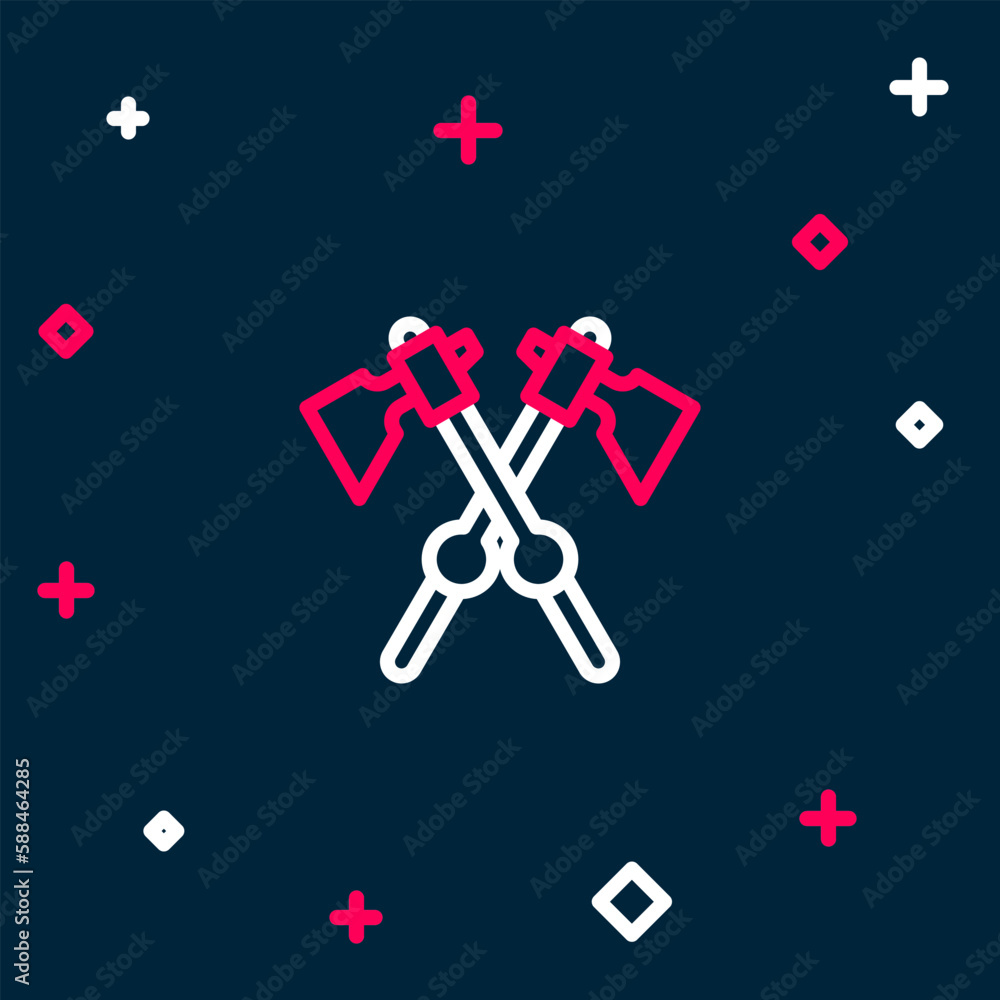 Line Crossed medieval axes icon isolated on blue background. Battle axe, executioner axe. Medieval weapon. Colorful outline concept. Vector Line Crossed medieval axes icon isolated on blue background. Battle axe, executioner axe. Medieval weapon. Colorful outline concept. Vector