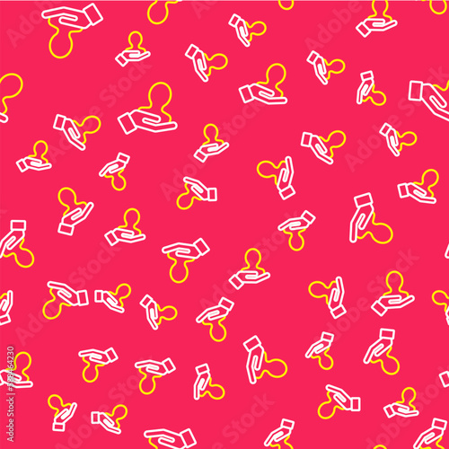Line Hand for search a people icon isolated seamless pattern on red background. Recruitment or selection concept. Search for employees and job. Vector