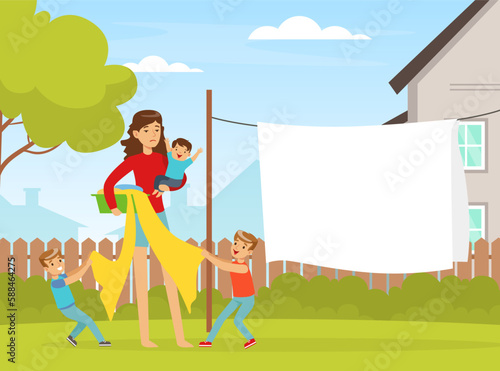 Tired Woman Mother Holding Basket with Laundry and Naughty Children Pulling Bedsheet Vector Illustration