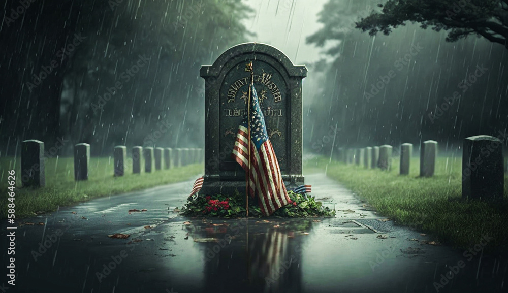 Grave with American flag in the rain. 3d rendering. Memorial Day Concept, Generative Ai 