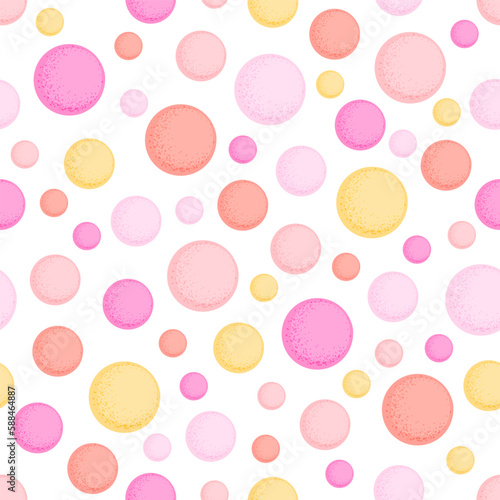 Multi colored circle shapes or spheres seamless pattern of pastel yellow, lavender, red, pink color. Baby print of warm shades. Vector illustration for fabric, wallpaper or wrapping paper design.