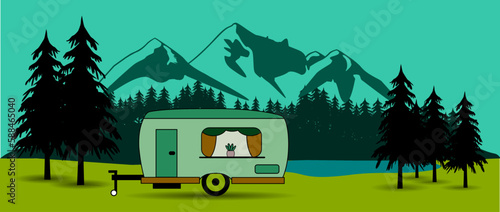 Illustration: Wohnwagen in der Natur - Camping - Berglandschaft mit See