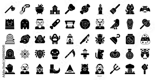 Halloween Glyph Icons Monster Ghost Coffin Iconset in Glyph Style 50 Vector Icons in Black