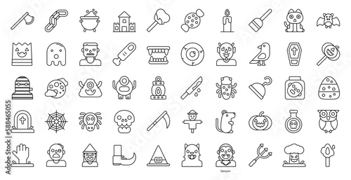 Halloween Thin Line Icons Monster Ghost Coffin Iconset in Outline Style 50 Vector Icons in Black