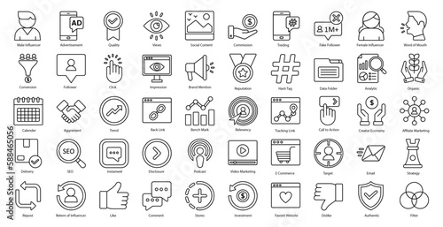 Influencer Thin Line Icons Networking Star Streaming Iconset in Outline Style 50 Vector Icons in Black