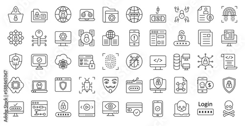 Internet Security Thin Line Icons Cyber Security Protection Iconset in Outline Style 50 Vector Icons in Black