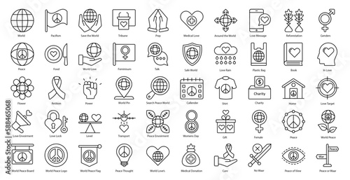 World Peace Thin Line Icons Love Freedom Environment Iconset in Outline Style 50 Vector Icons in Black